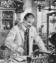 Ernest Rutherford, aan het werk in zijn laboratorium in Cambridge